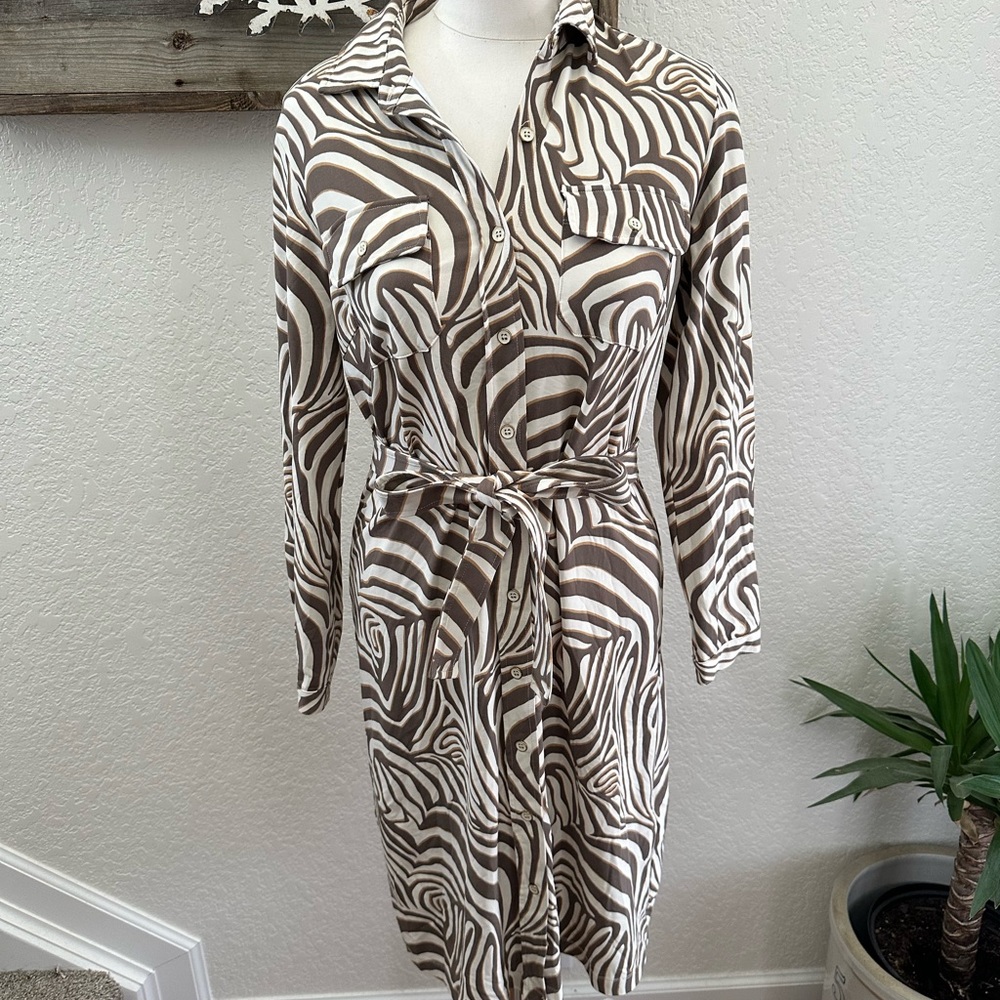 J.‎ McLaughlin Brown and Cream Long Sleeve Shirt Stretch Jersey Dress